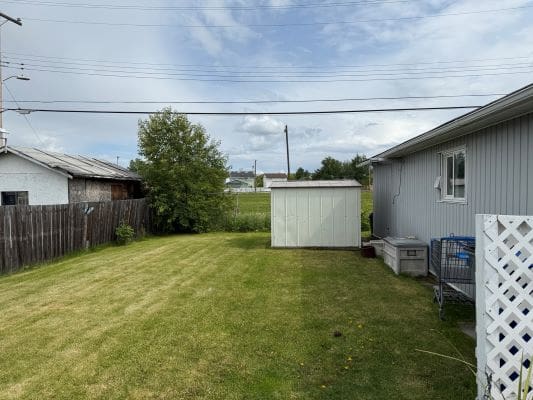 Backyard with shed and green lawn.