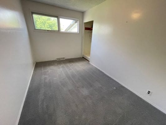 Empty room with window and carpet flooring.