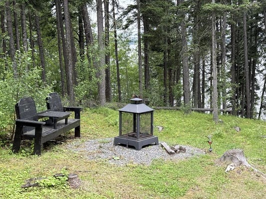 Forest scene with bench and fire pit.