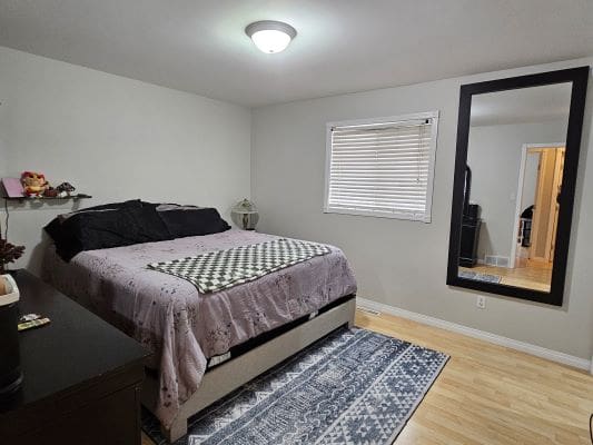 Bedroom with bed, mirror, and window.
