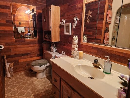 Rustic bathroom with wood-paneled walls.