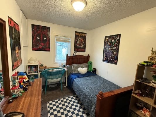Bedroom with posters and single bed.