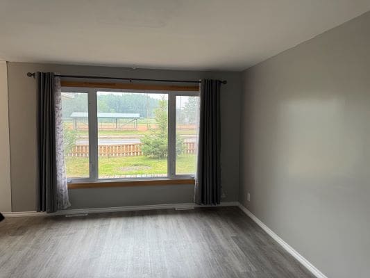 Empty room with large window and curtains.