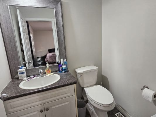 Bathroom with sink, mirror, and toilet.