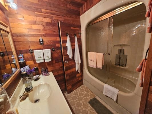 Wood-paneled bathroom with shower and sink.