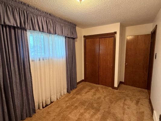 Room with carpet, curtains, and wooden doors.