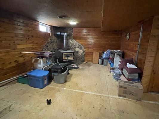 Wood-paneled basement with stove and storage.
