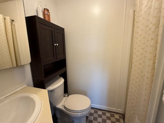 Small bathroom with shower and cabinet.