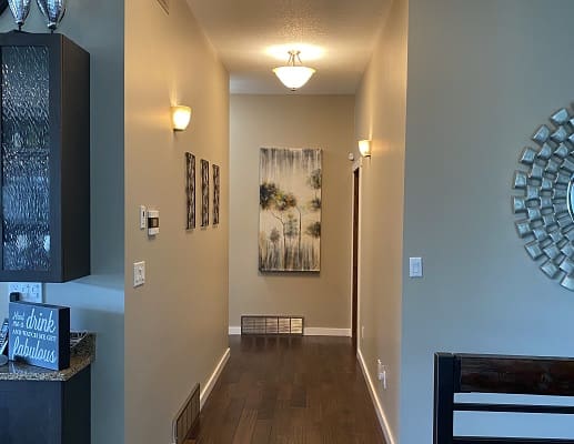 Hallway with artwork and modern lighting.