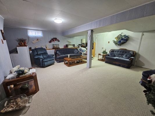 Basement living room with blue furniture.