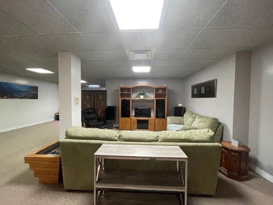 Basement living room with sectional sofa.