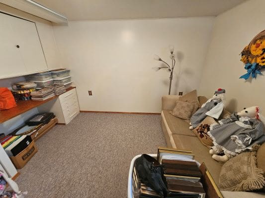 Cozy room with couch and decorative items.