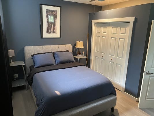 Modern bedroom with blue walls and bedding.