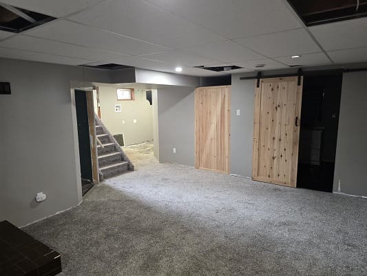 Basement with carpet, stairs, and wooden doors.
