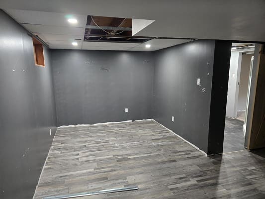 Unfinished basement room with gray walls.