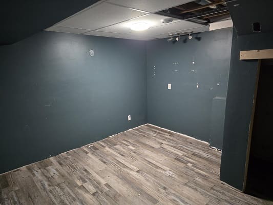 Empty room with blue walls and flooring.