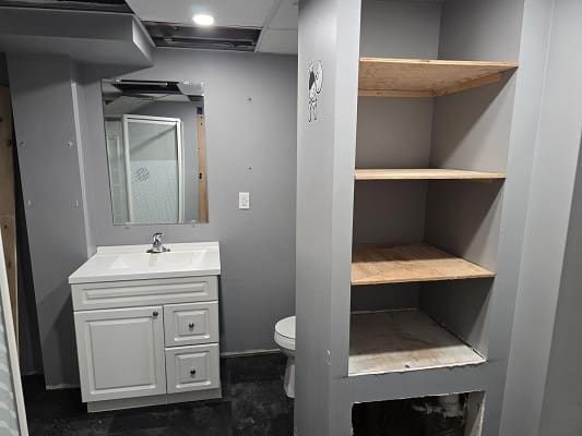Basement bathroom with sink and shelves.