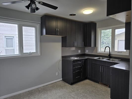 Modern kitchen with dark cabinets and windows.