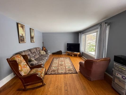Living room with couches and television setup.