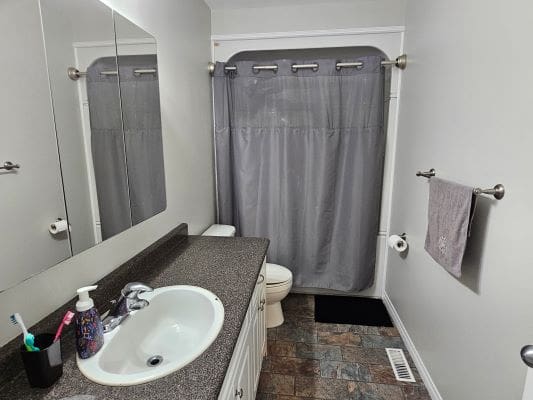 Bathroom with sink, shower, and mirror.