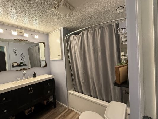 Modern bathroom with shower and vanity.
