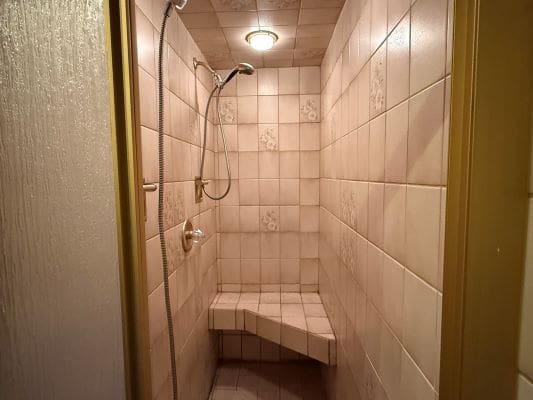 Tile shower with built-in corner bench.