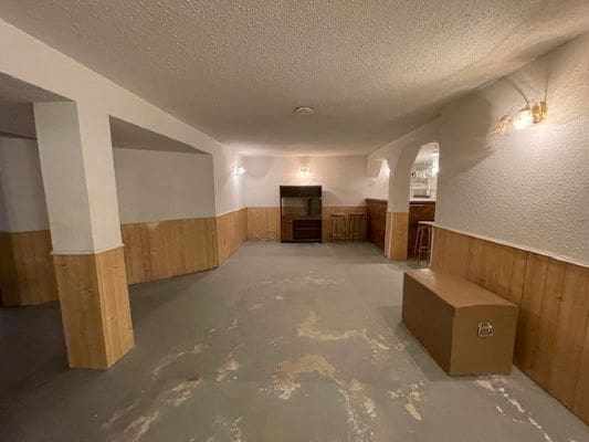 Basement room with wooden paneling and lights.