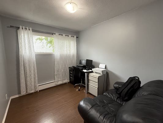 Small home office with desk and sofa.