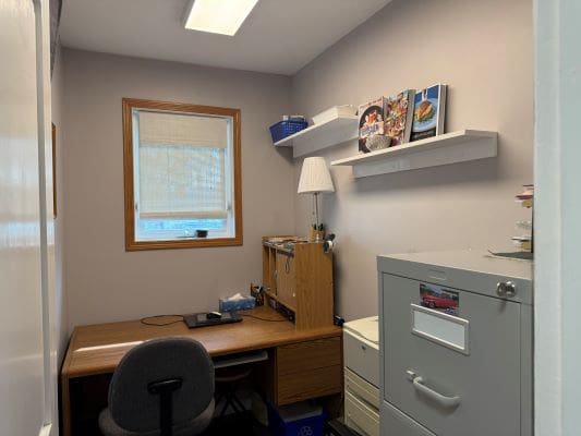 Small office with desk and filing cabinet.