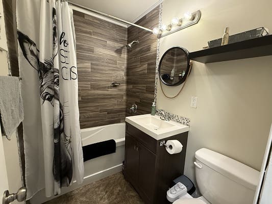 Modern bathroom with wood accents and fixtures.