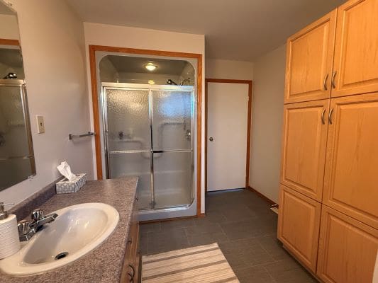 Bathroom with shower and wooden cabinets.
