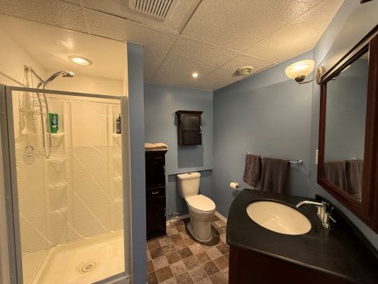 Modern bathroom with shower and sink.