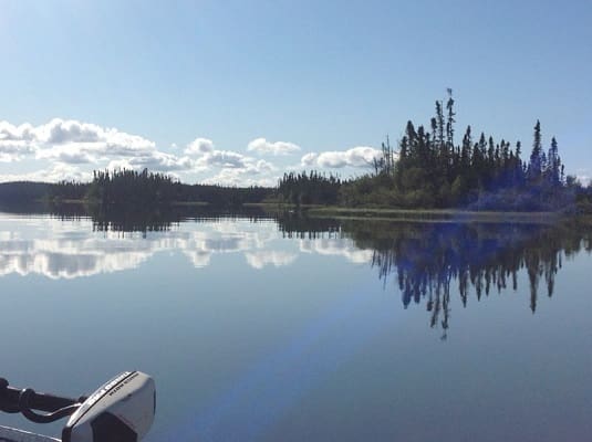 Serene lake with trees and cloudy sky.