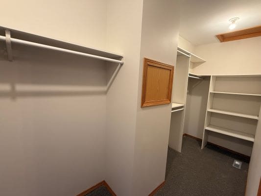 Walk-in closet with shelves and hanging rods.