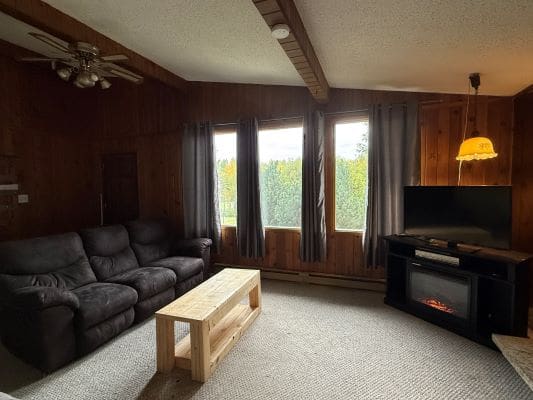 Cozy living room with brown furniture.