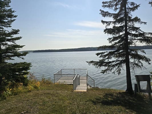 Lake view with trees and small dock.