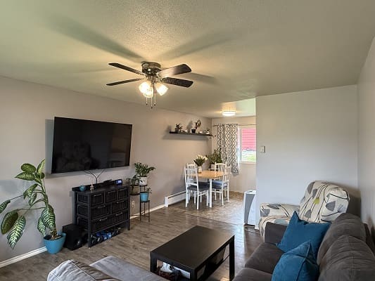 Living room with TV and dining area.