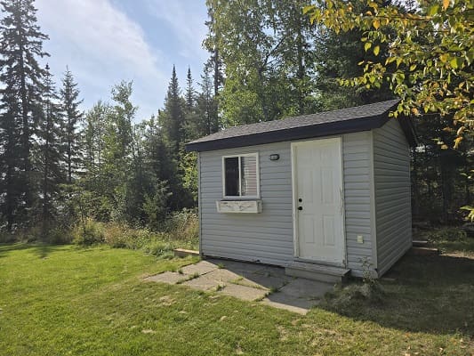 Small shed in a forested area.