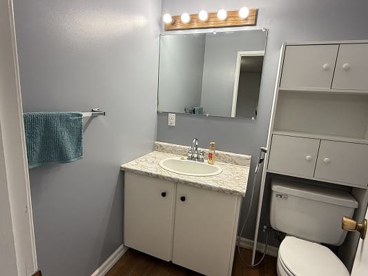 Small bathroom with vanity and mirror.