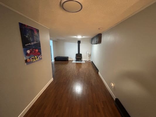 Basement room with wood stove and poster.
