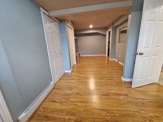 Hallway with wooden floor and blue walls.