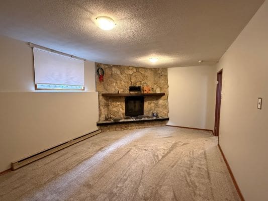 Room with carpet and stone fireplace.