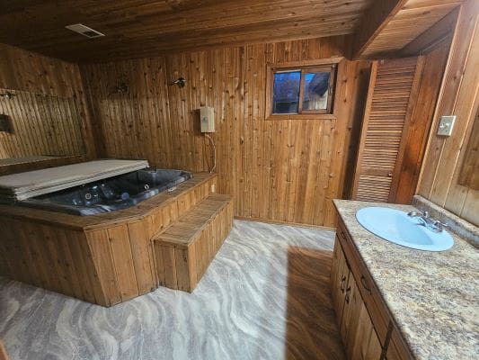Wood-paneled room with hot tub and sink.