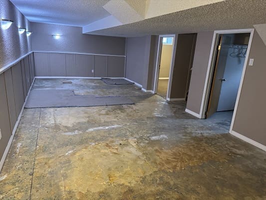 Unfinished basement with exposed concrete floor.