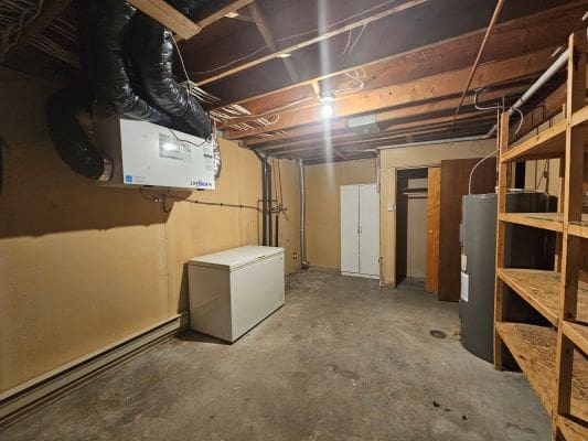 Basement storage room with appliances and shelves.