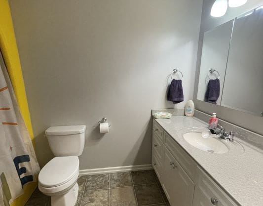 Bathroom with sink, toilet, and mirror.