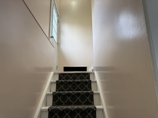 Staircase with patterned carpet and closed door.