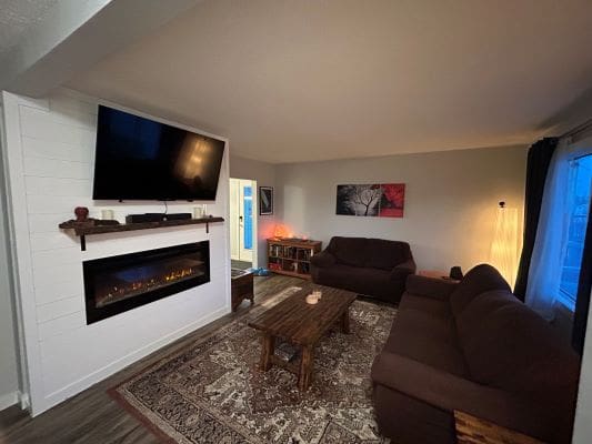 Cozy living room with fireplace and sofas.