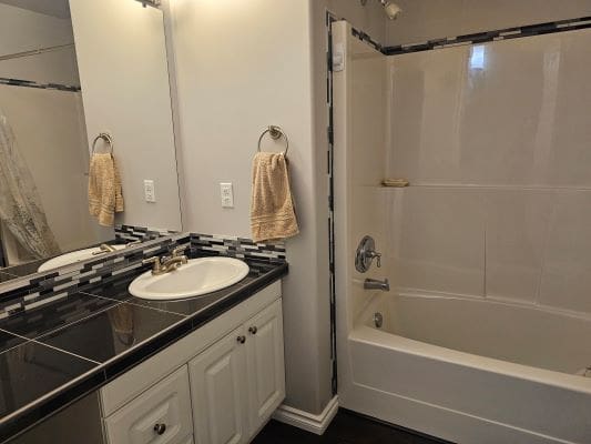 Modern bathroom with tub and vanity sink.