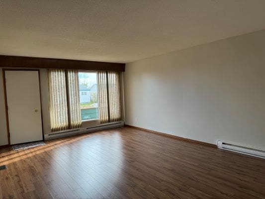 Empty room with wooden floor and windows.